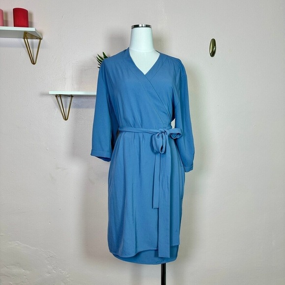 Everlane Dresses & Skirts - EVERLANE Japanese GoWeave Wrap Dress Blue Three Quarter Sleeve 10